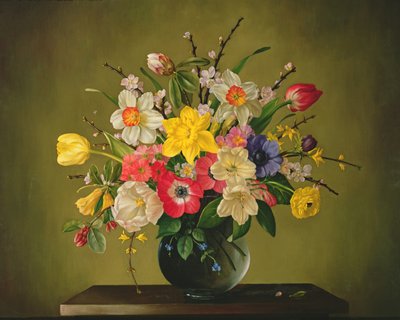Narzissen, Anemonen, Tulpen, Forsythien, Rhododendron und Apfelblüten in einer Glasvase von James Noble